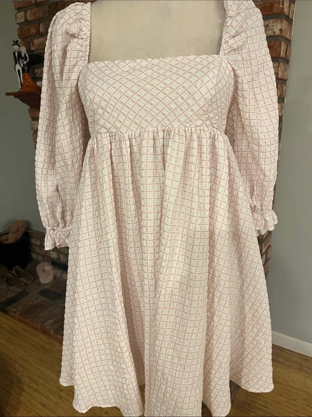 Storia Square Neck Long Sleeve Pink Check Babydoll Dress - Picture 2 of 6
